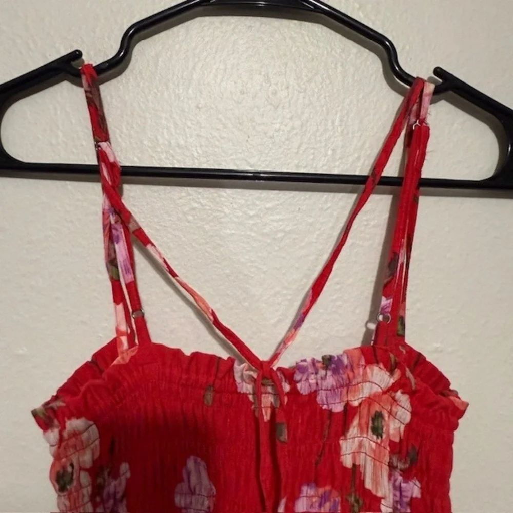 Abercrombie & Fitch Red Floral Smocked Tiered Maxi Dress Pockets Small